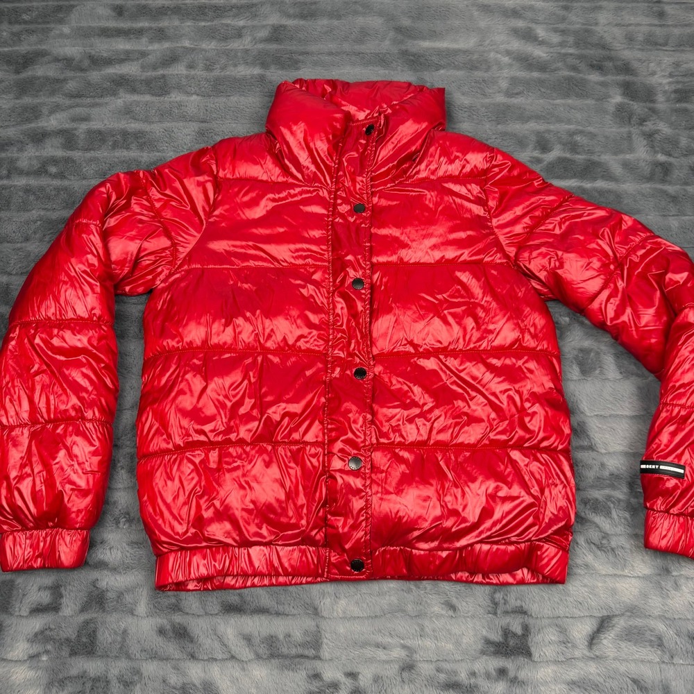 DKNY Sport Womens Red Metallic Puffer Jacket Logo Back Quilted Coat Medium